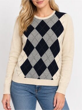 J.Crew Women’s 100% Cashmere Argyle Sweater Size S Ivory Gray Black Crewneck